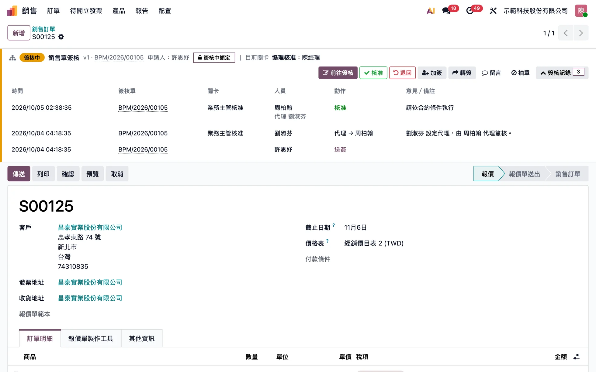 銷售訂單上方的簽核狀態列：簽核中鎖定、目前關卡、核准退回加簽轉簽抽單按鈕與簽核紀錄（示範資料）