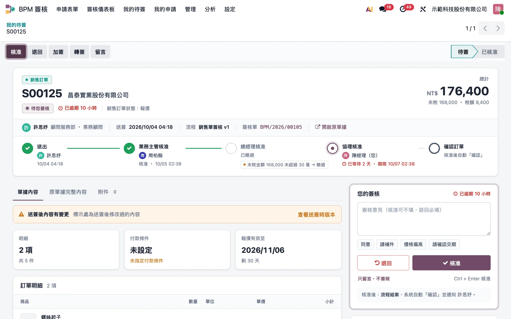 審核頁：訂單金額、橫向流程進度、送簽後內容有變更提示與簽核意見（示範資料）
