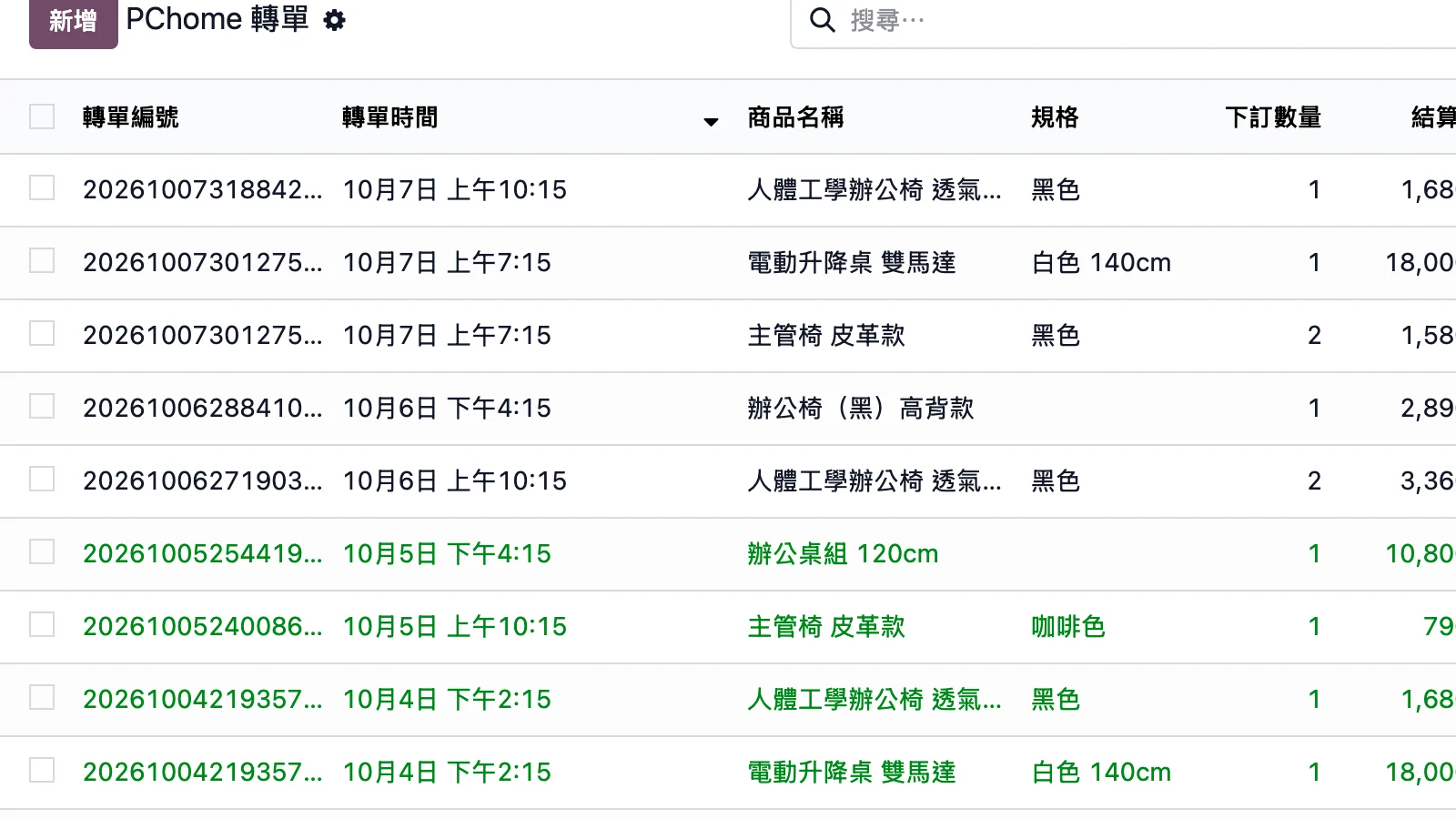 PChome 轉單清單畫面（測試環境示範資料）