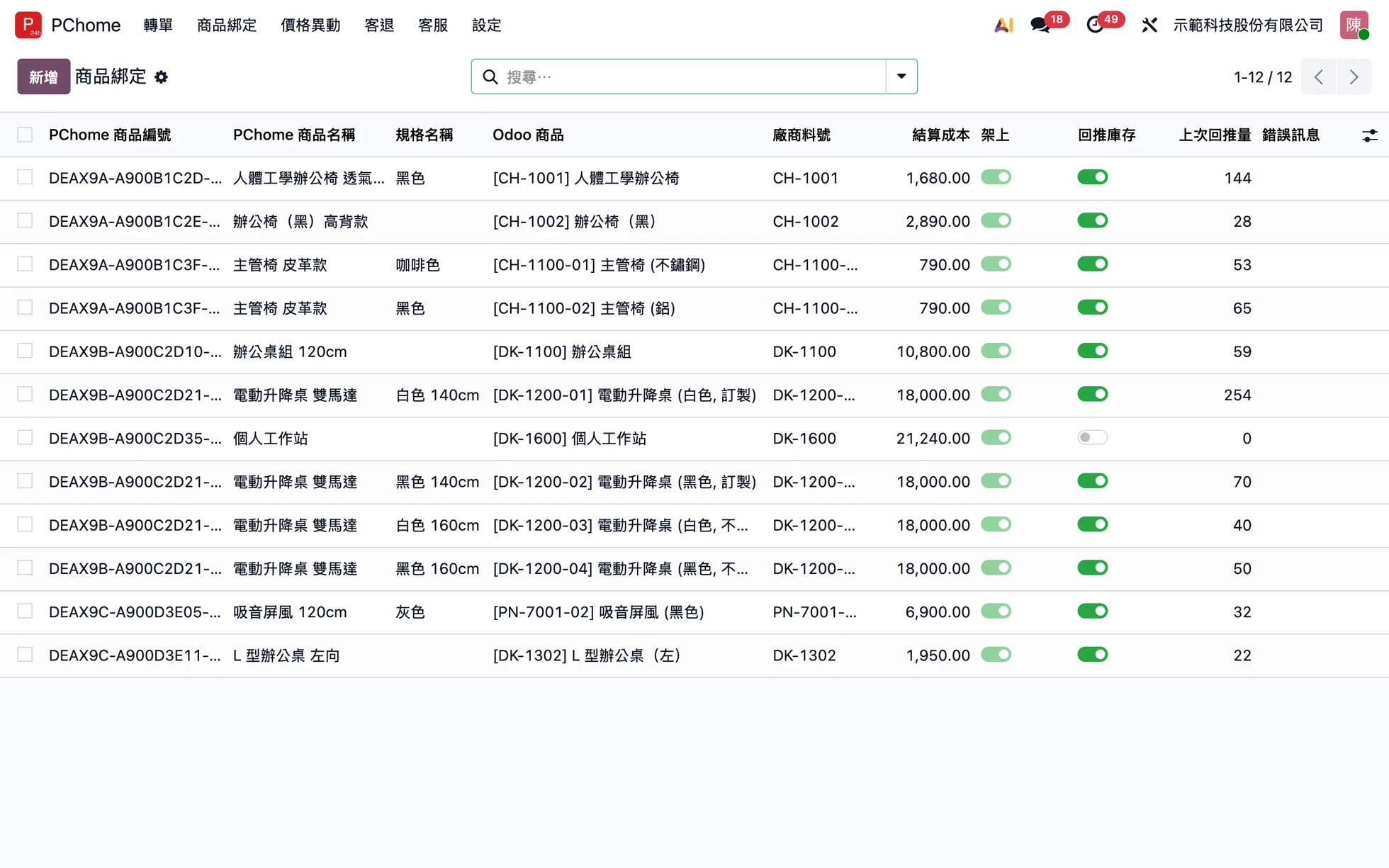 商品綁定:PChome 商品對應 Odoo 商品、結算成本、上架狀態、回推庫存開關與上次回推可賣量