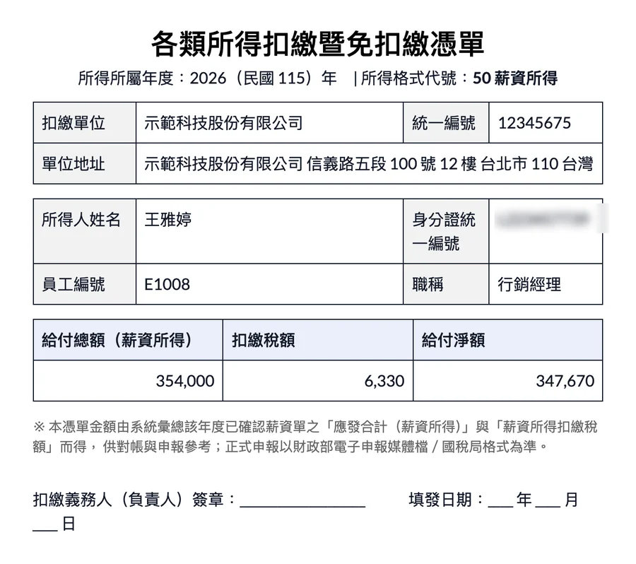 各類所得扣繳暨免扣繳憑單:給付總額、扣繳稅額與給付淨額(身分證字號已模糊,示範資料)