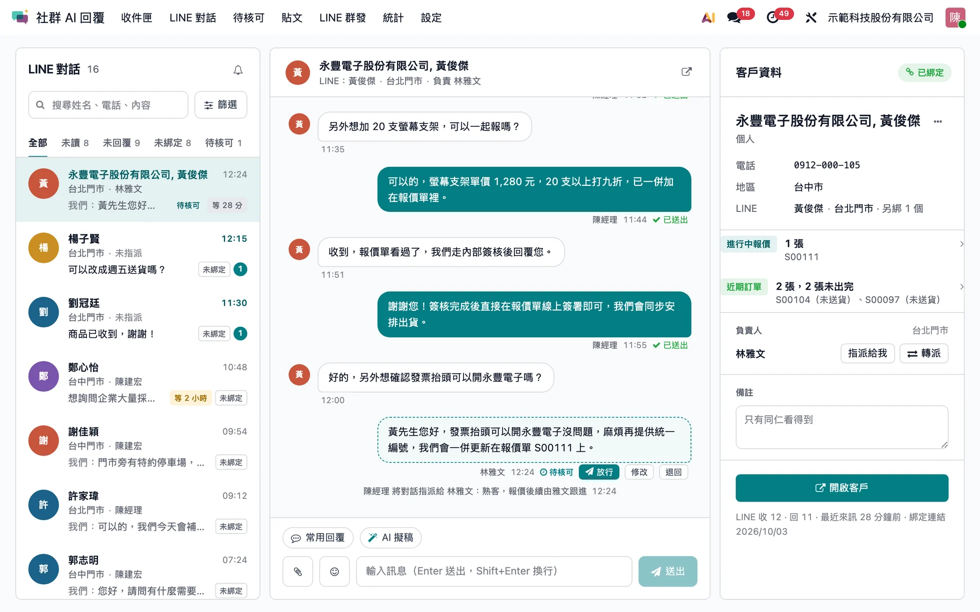 LINE 對話三欄畫面:對話清單、報價對話與待核可回覆、右側客戶資料與進行中報價、近期訂單(示範資料,假名)