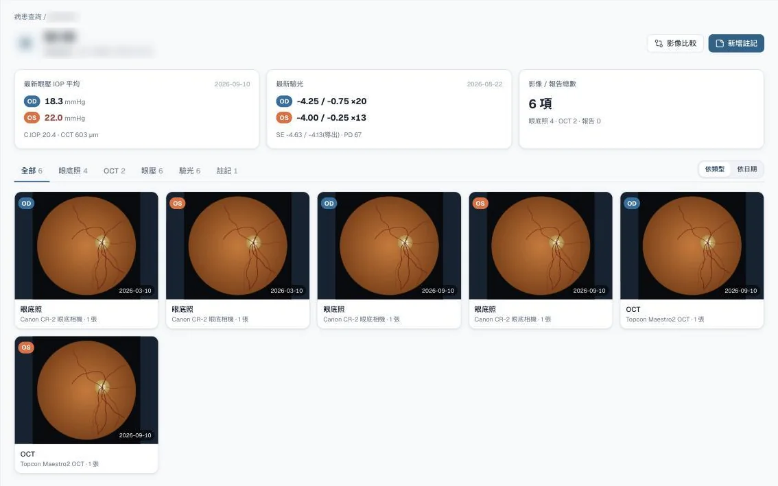 SnowEye 病患頁：最新眼壓、最新驗光、眼底照與 OCT 縮圖（示範資料，姓名與病歷號已模糊）