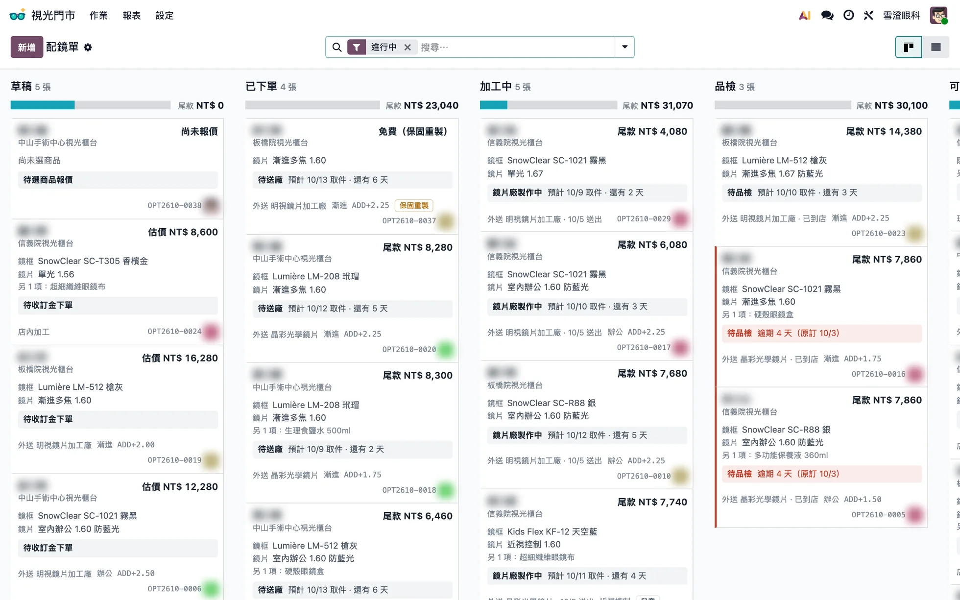 配鏡單看板：草稿、已下單、加工中、品檢，顯示鏡框鏡片、預計取件與逾期（顧客已模糊）