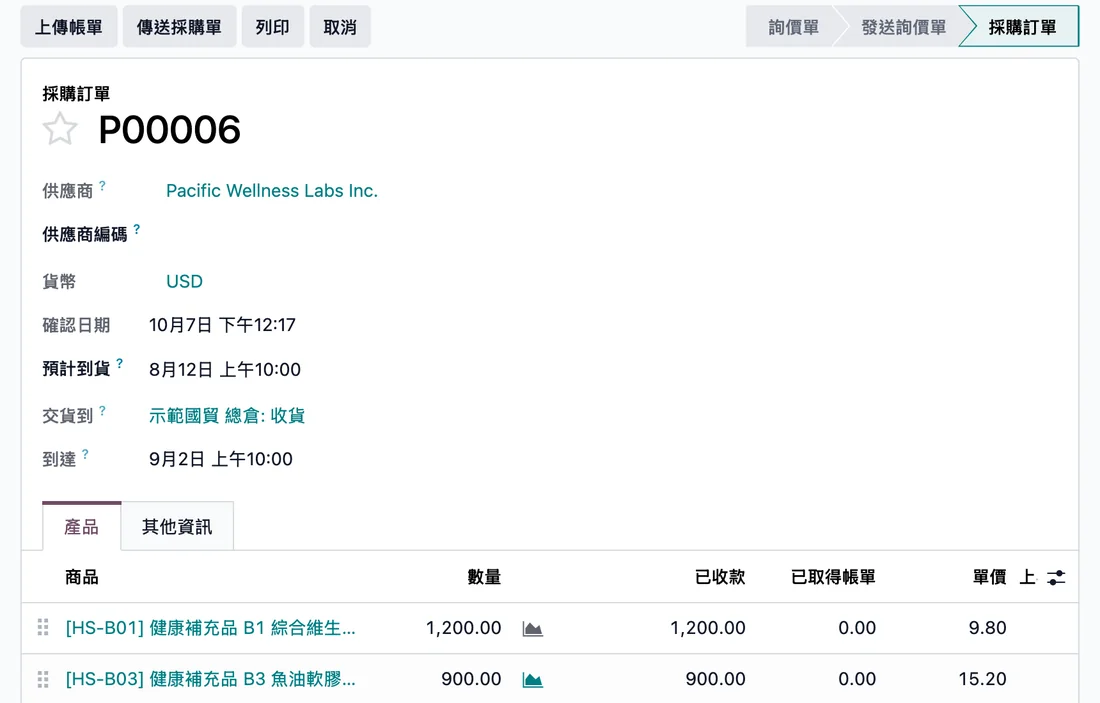 進口採購單：海外供應商、美元計價、預計到貨與已收數量（示範資料）
