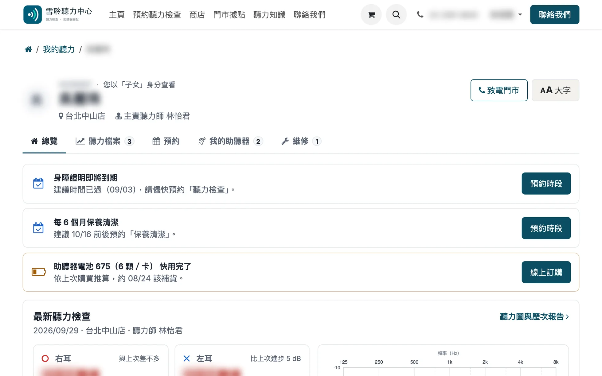 會員專區:家屬身分查看、身障證明到期與保養提醒、電池快用完線上訂購(姓名已模糊)